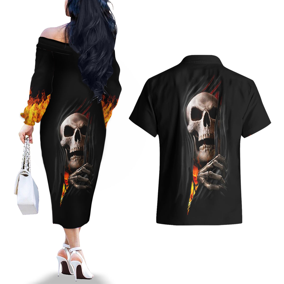 Skull Couples Matching Off The Shoulder Long Sleeve Dress and Hawaiian Shirt Skeleton Ripped Inside Flame - Wonder Print Shop