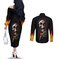 Skull Couples Matching Off The Shoulder Long Sleeve Dress and Long Sleeve Button Shirts Skeleton Ripped Inside Flame DT01