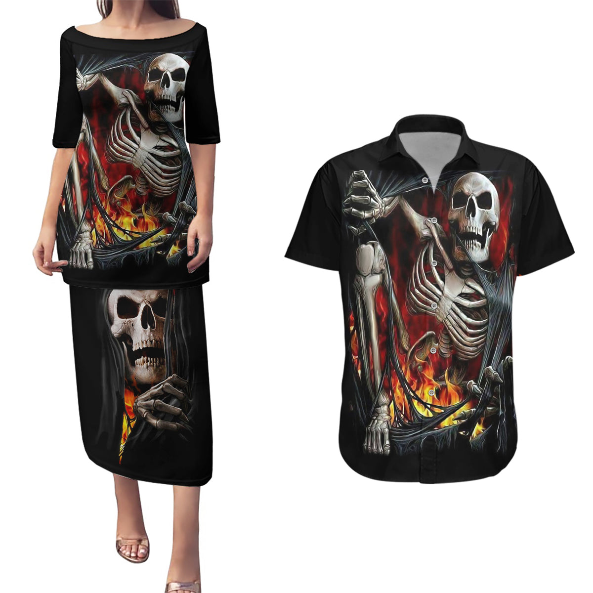 Skull Couples Matching Puletasi Dress and Hawaiian Shirt Skeleton Ripped Inside Flame - Wonder Print Shop