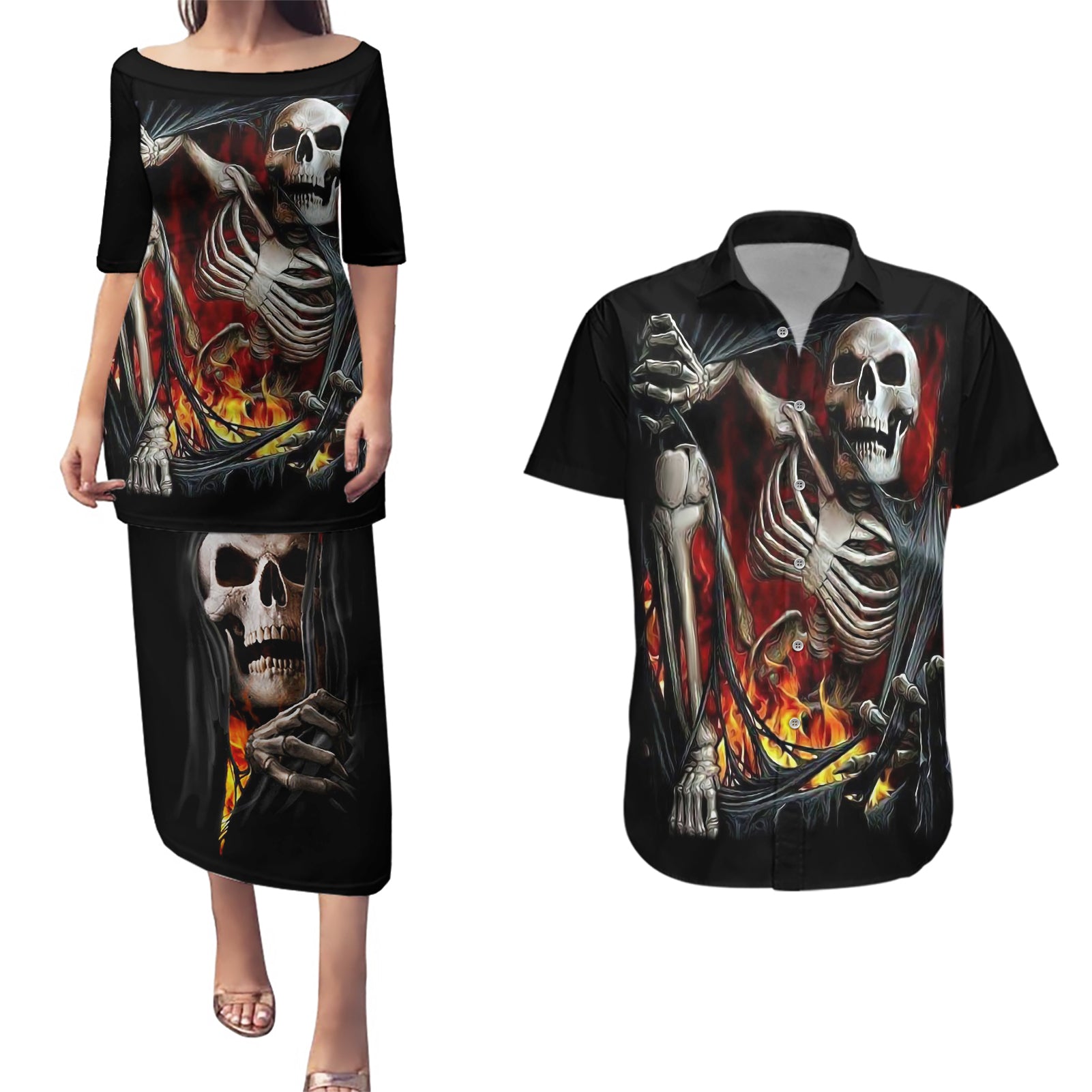 Skull Couples Matching Puletasi Dress and Hawaiian Shirt Skeleton Ripped Inside Flame - Wonder Print Shop