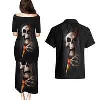 Skull Couples Matching Puletasi Dress and Hawaiian Shirt Skeleton Ripped Inside Flame - Wonder Print Shop