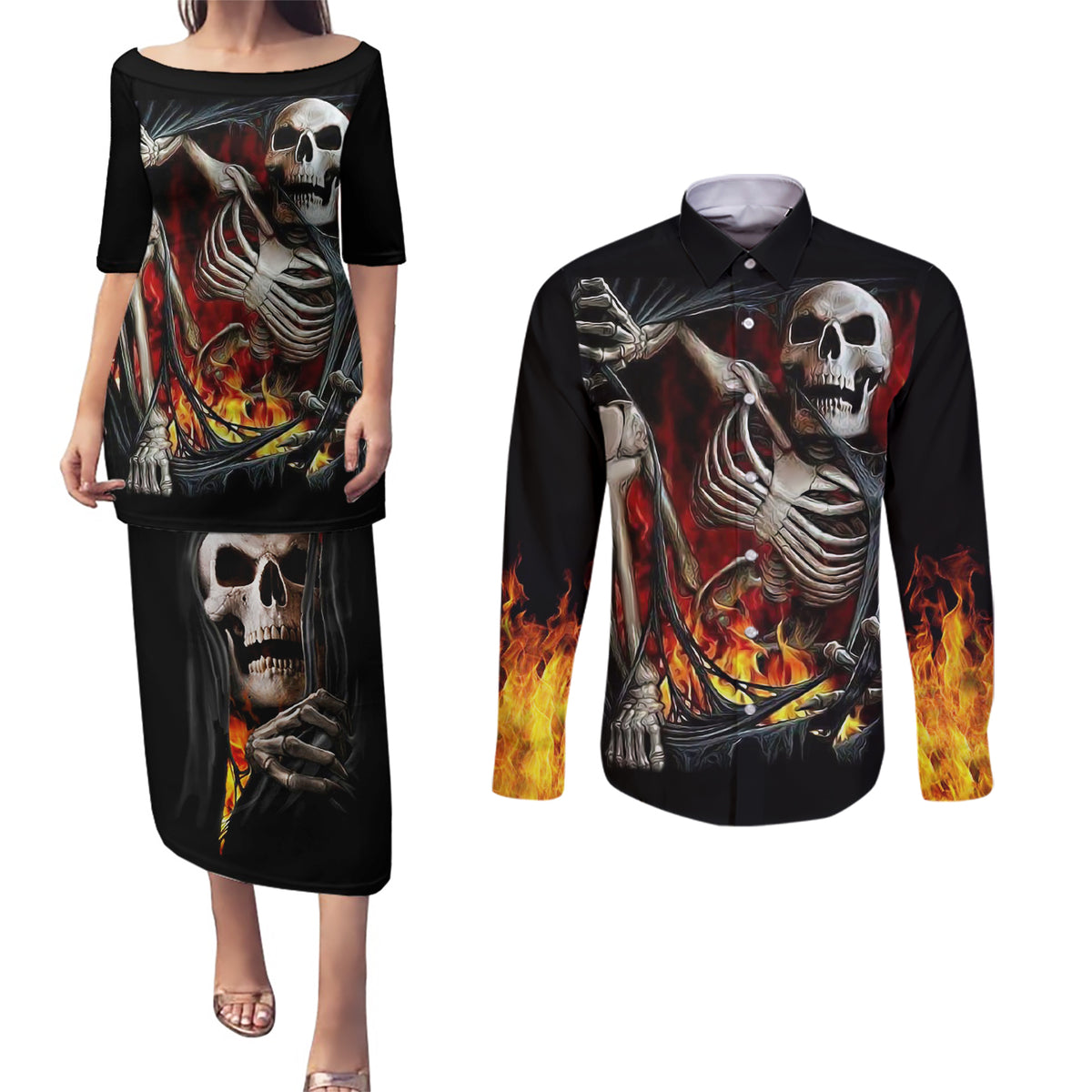 Skull Couples Matching Puletasi Dress and Long Sleeve Button Shirts Skeleton Ripped Inside Flame - Wonder Print Shop