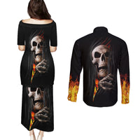 Skull Couples Matching Puletasi Dress and Long Sleeve Button Shirts Skeleton Ripped Inside Flame - Wonder Print Shop