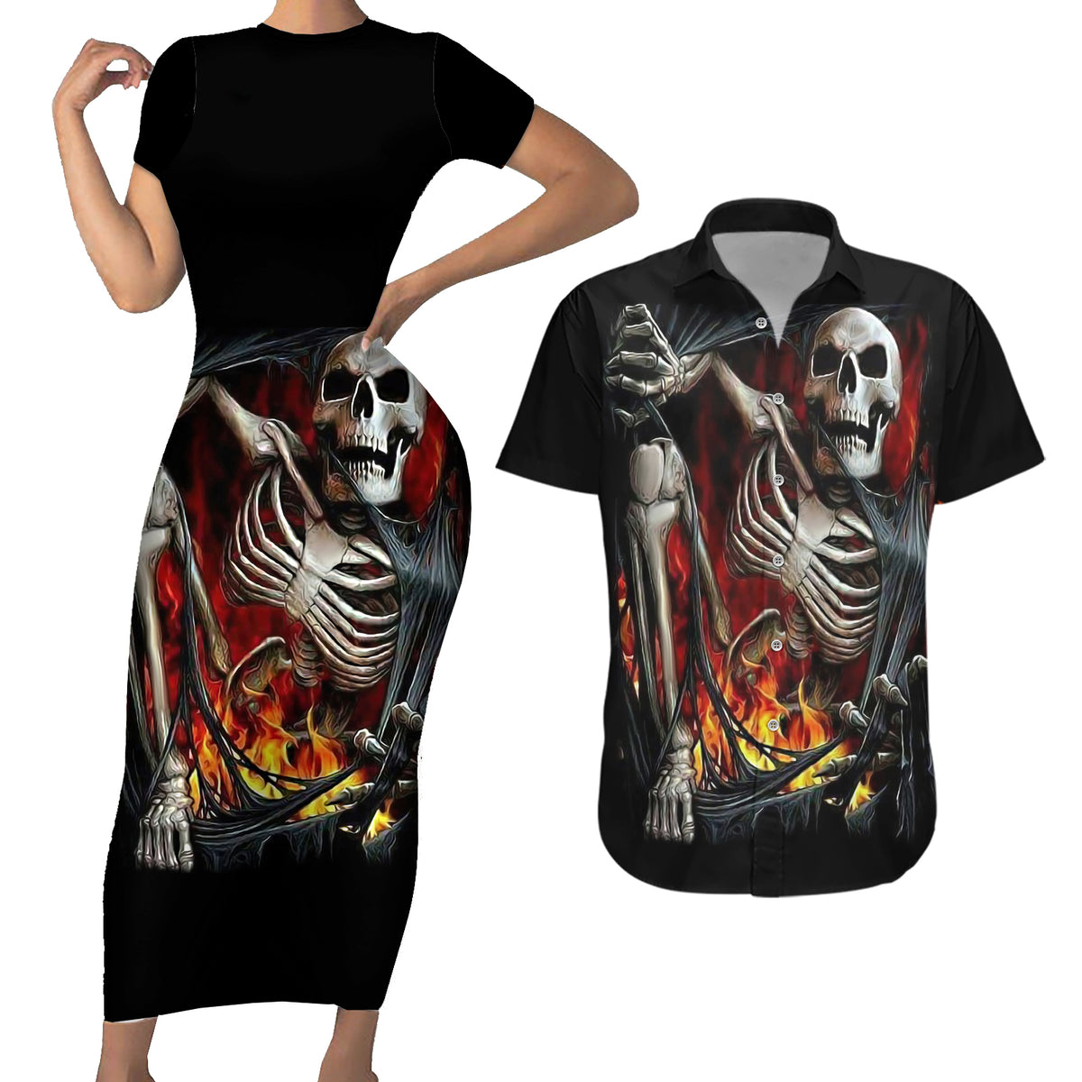 Skull Couples Matching Short Sleeve Bodycon Dress and Hawaiian Shirt Skeleton Ripped Inside Flame - Wonder Print Shop