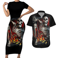 Skull Couples Matching Short Sleeve Bodycon Dress and Hawaiian Shirt Skeleton Ripped Inside Flame - Wonder Print Shop