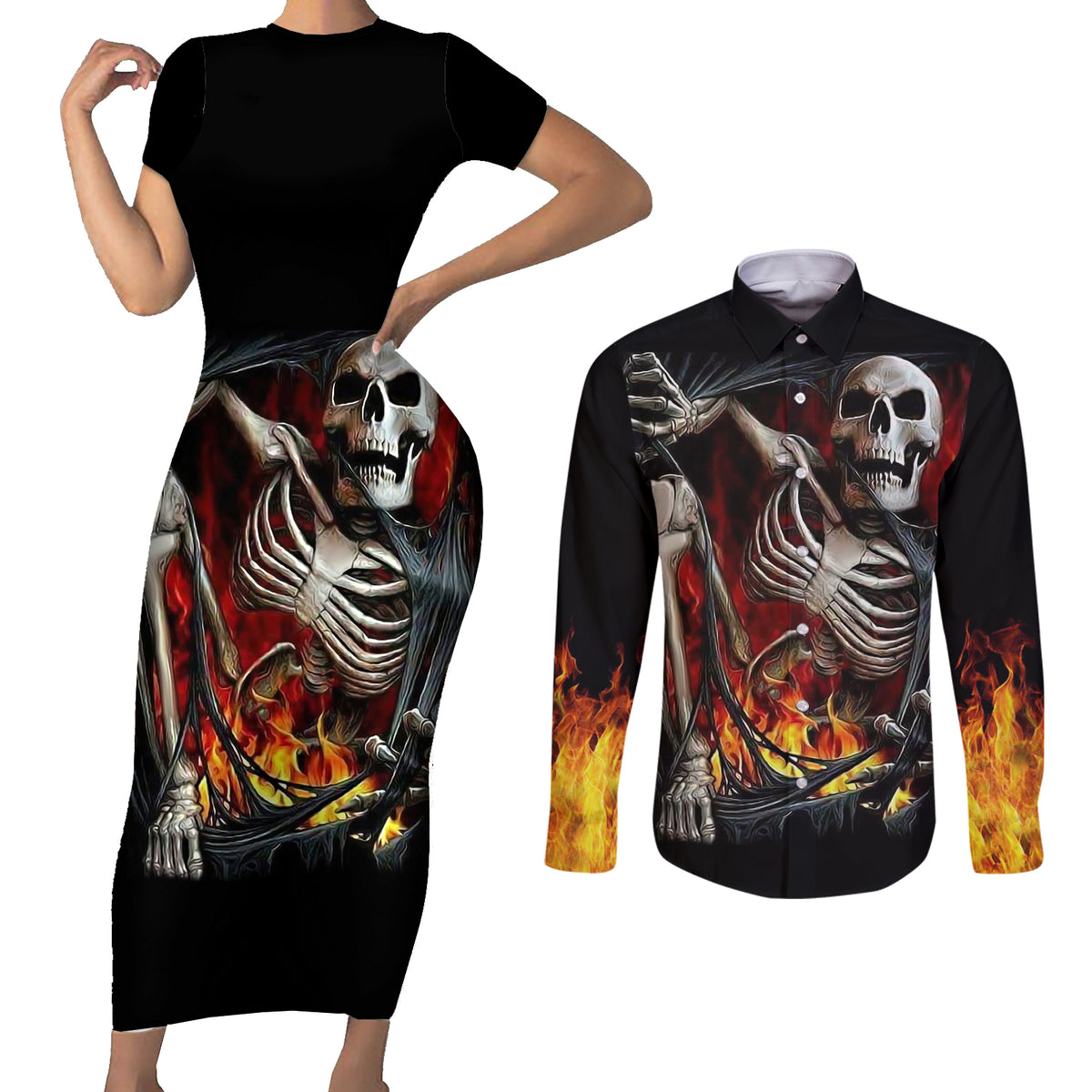 Skull Couples Matching Short Sleeve Bodycon Dress and Long Sleeve Button Shirts Skeleton Ripped Inside Flame - Wonder Print Shop