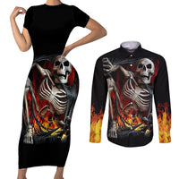 Skull Couples Matching Short Sleeve Bodycon Dress and Long Sleeve Button Shirts Skeleton Ripped Inside Flame - Wonder Print Shop