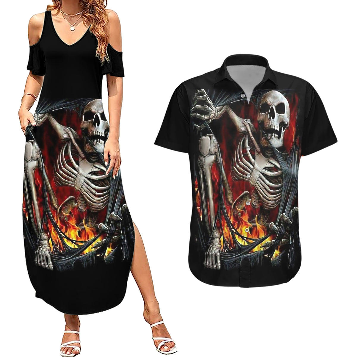 Skull Couples Matching Summer Maxi Dress and Hawaiian Shirt Skeleton Ripped Inside Flame - Wonder Print Shop