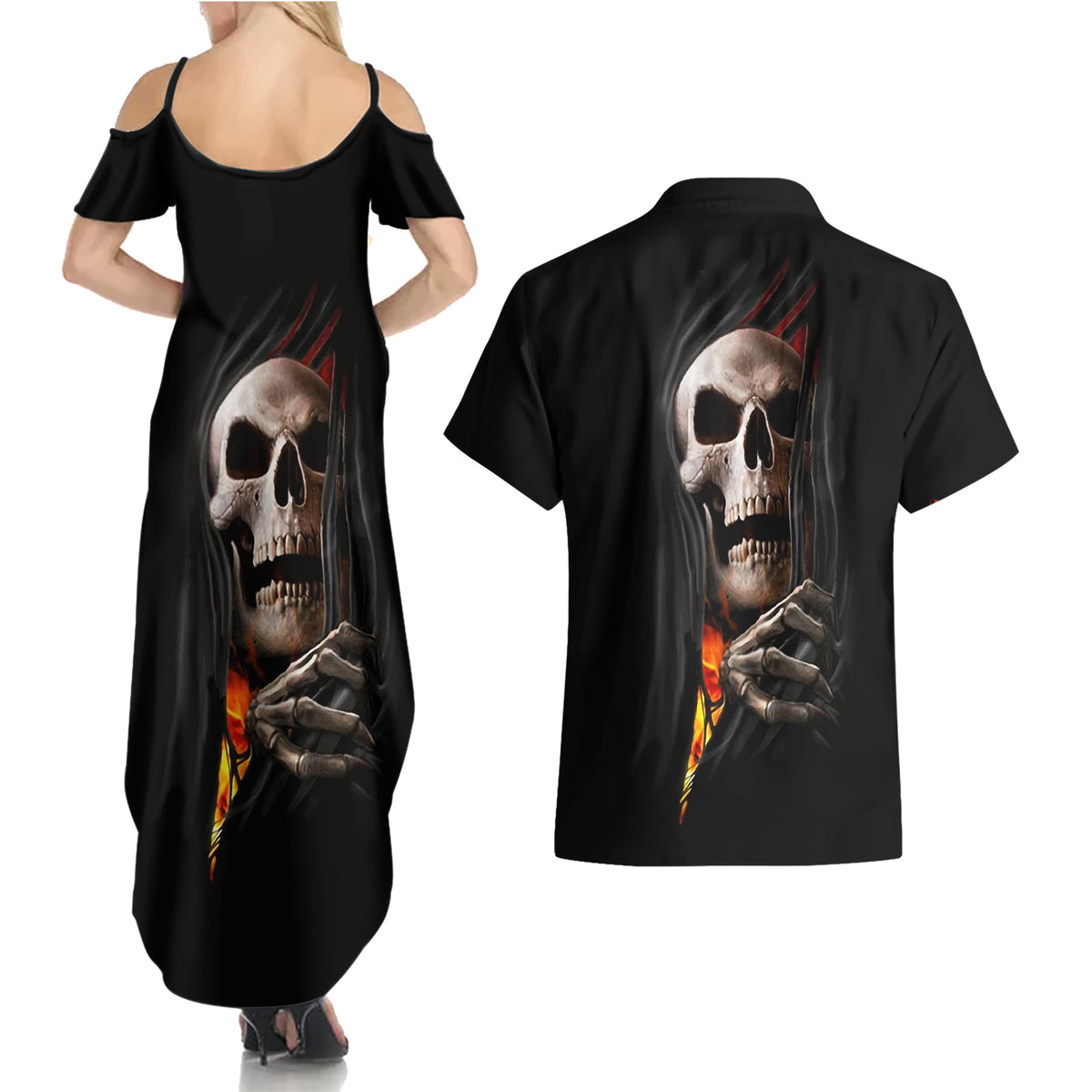Skull Couples Matching Summer Maxi Dress and Hawaiian Shirt Skeleton Ripped Inside Flame - Wonder Print Shop