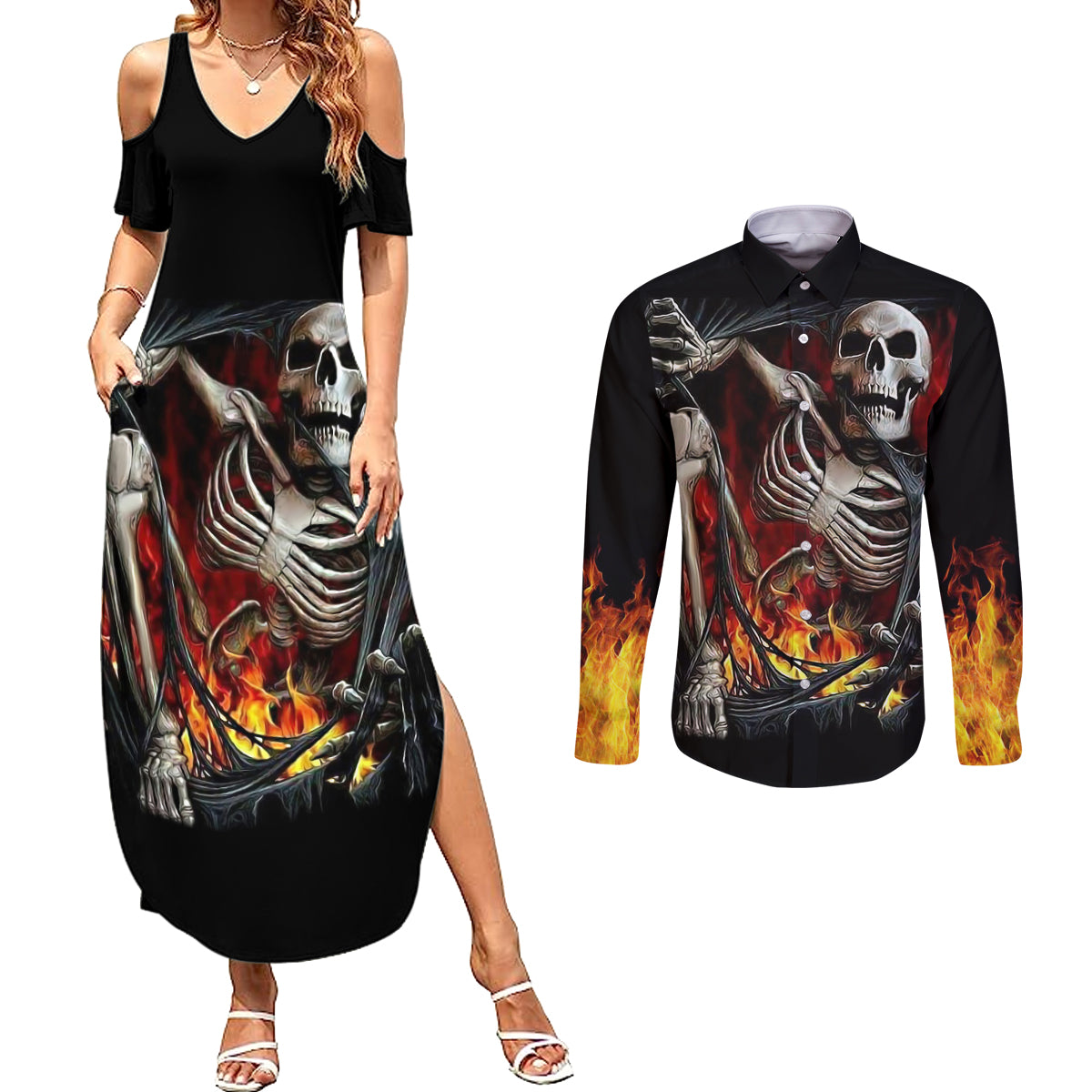 Skull Couples Matching Summer Maxi Dress and Long Sleeve Button Shirts Skeleton Ripped Inside Flame - Wonder Print Shop