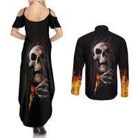 Skull Couples Matching Summer Maxi Dress and Long Sleeve Button Shirts Skeleton Ripped Inside Flame - Wonder Print Shop