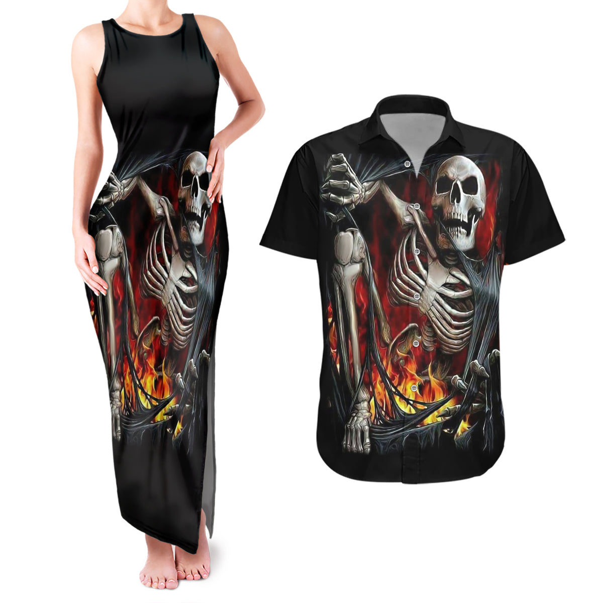 Skull Couples Matching Tank Maxi Dress And Hawaiian Shirt Skeleton Ripped Inside Flame - Wonder Print Shop