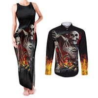 Skull Couples Matching Tank Maxi Dress and Long Sleeve Button Shirts Skeleton Ripped Inside Flame - Wonder Print Shop