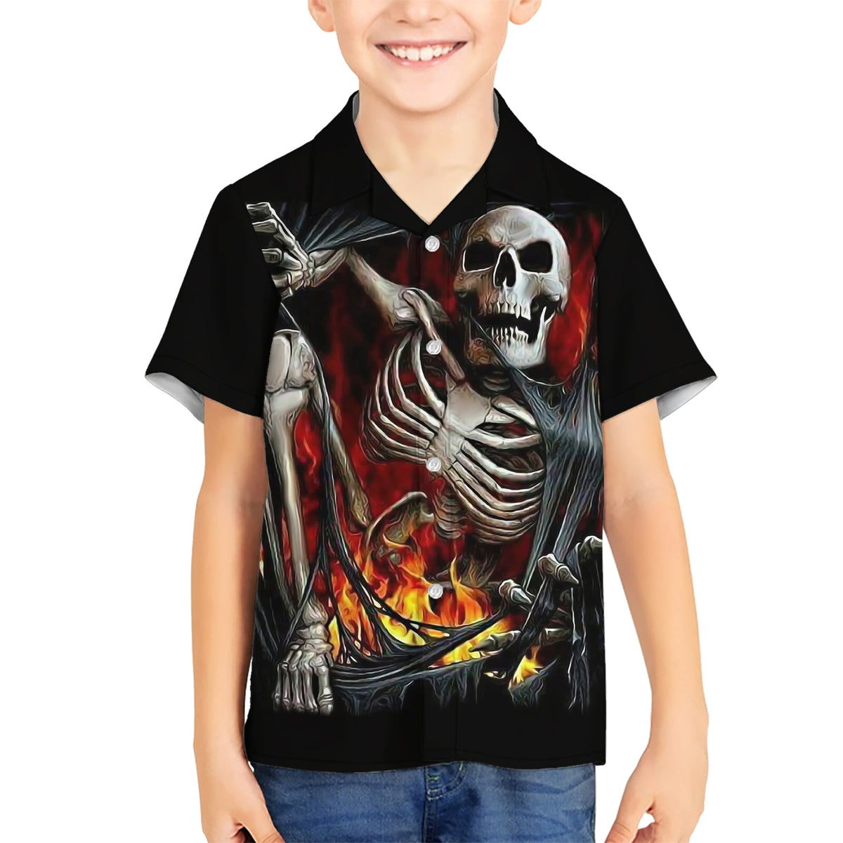 Skull Hawaiian Shirt Skeleton Ripped Inside Flame - Wonder Print Shop