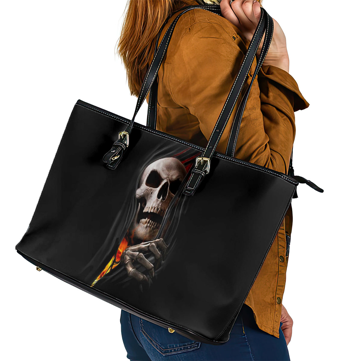 Skull Leather Tote Bag Skeleton Ripped Inside Flame - Wonder Print Shop