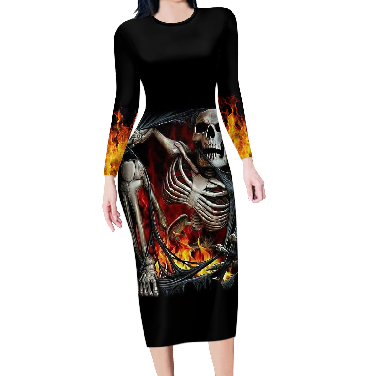 Skull Long Sleeve Bodycon Dress Skeleton Ripped Inside Flame - Wonder Print Shop