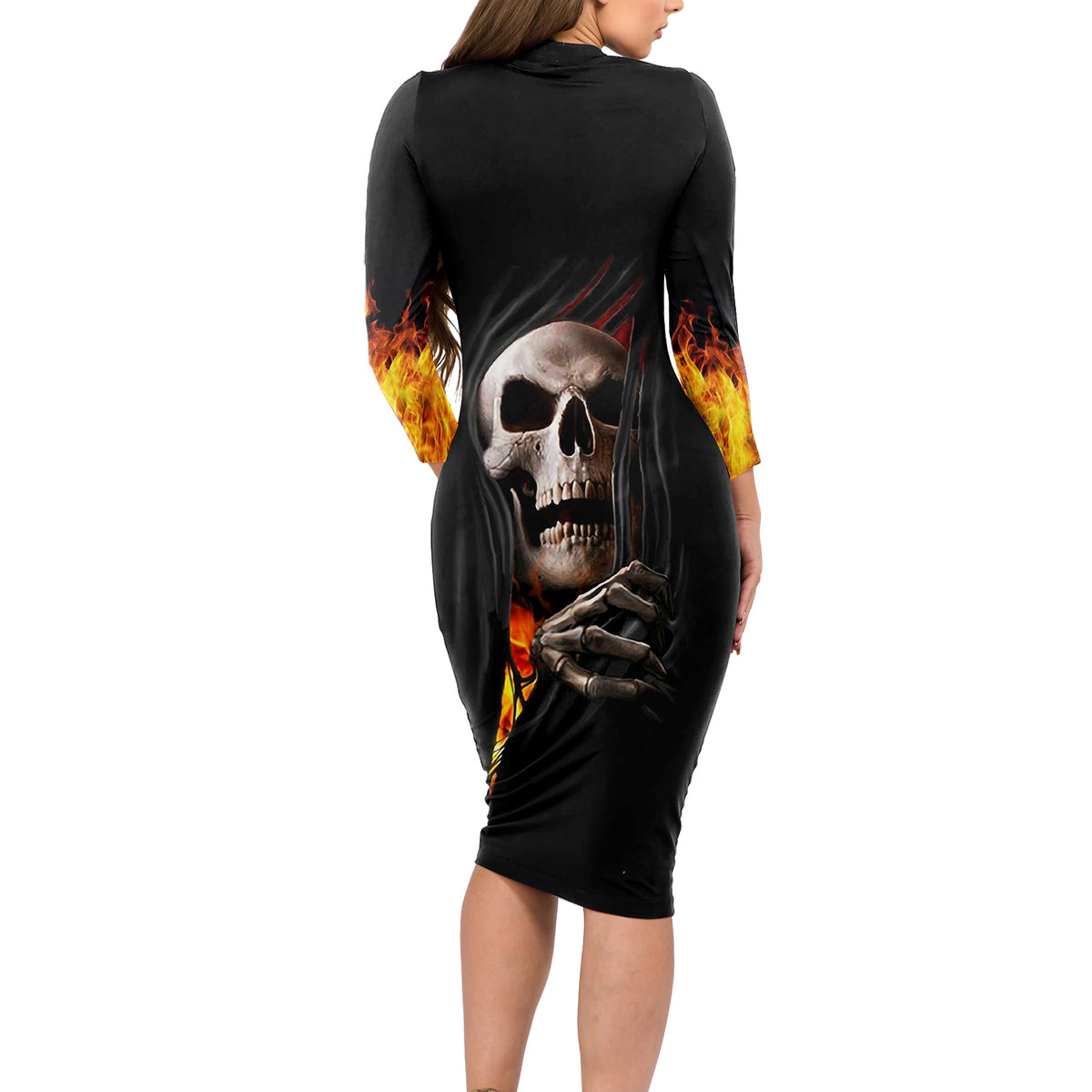 Skull Long Sleeve Bodycon Dress Skeleton Ripped Inside Flame - Wonder Print Shop