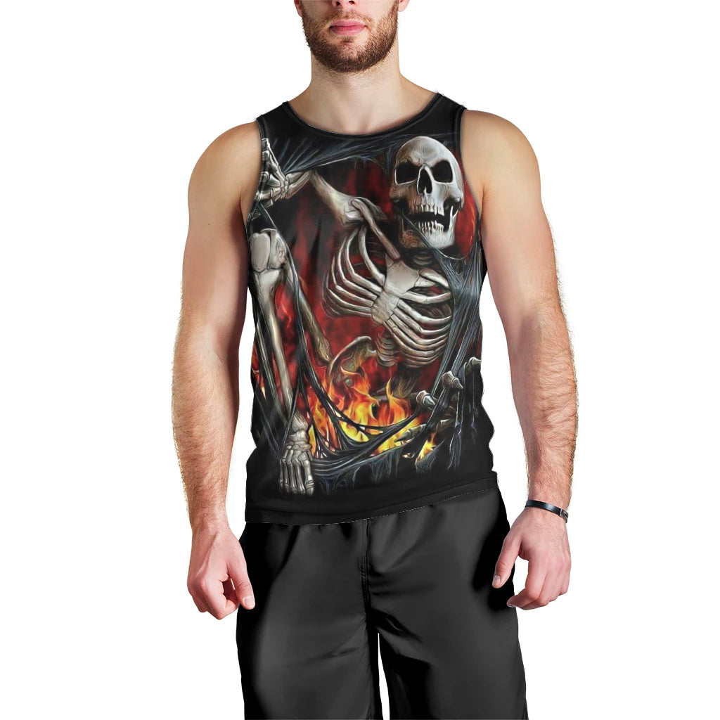 Skull Men Tank Top Skeleton Ripped Inside Flame DT01