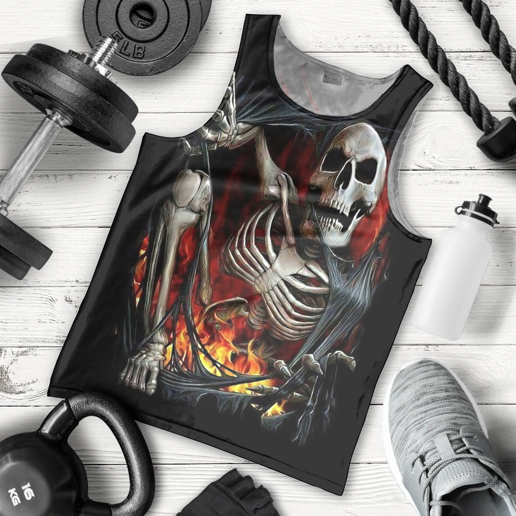 Skull Men Tank Top Skeleton Ripped Inside Flame DT01