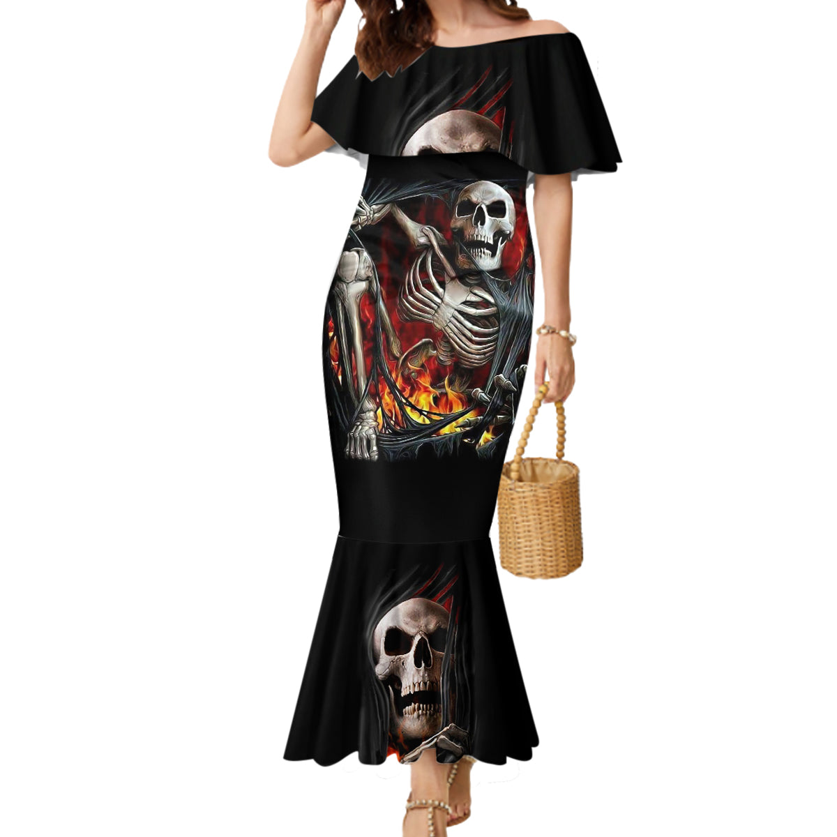 Skull Mermaid Dress Skeleton Ripped Inside Flame - Wonder Print Shop