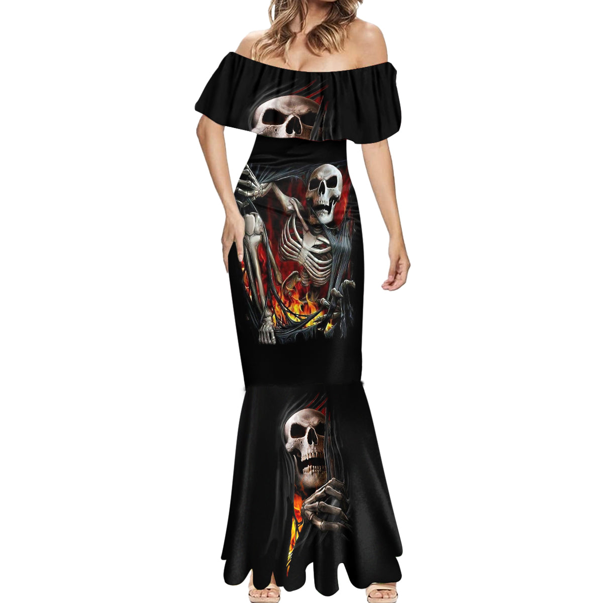 Skull Mermaid Dress Skeleton Ripped Inside Flame - Wonder Print Shop