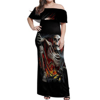 Skull Off Shoulder Maxi Dress Skeleton Ripped Inside Flame - Wonder Print Shop