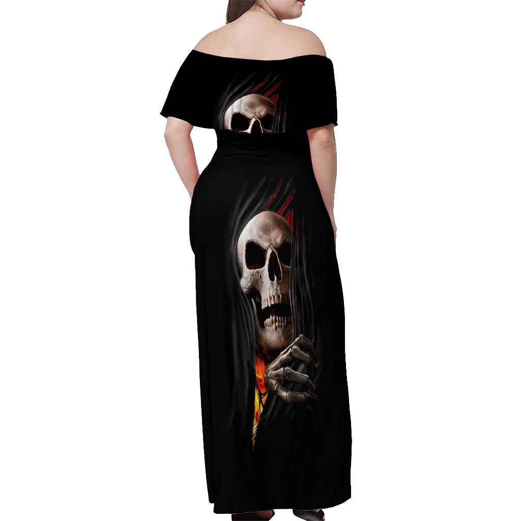 Skull Off Shoulder Maxi Dress Skeleton Ripped Inside Flame - Wonder Print Shop