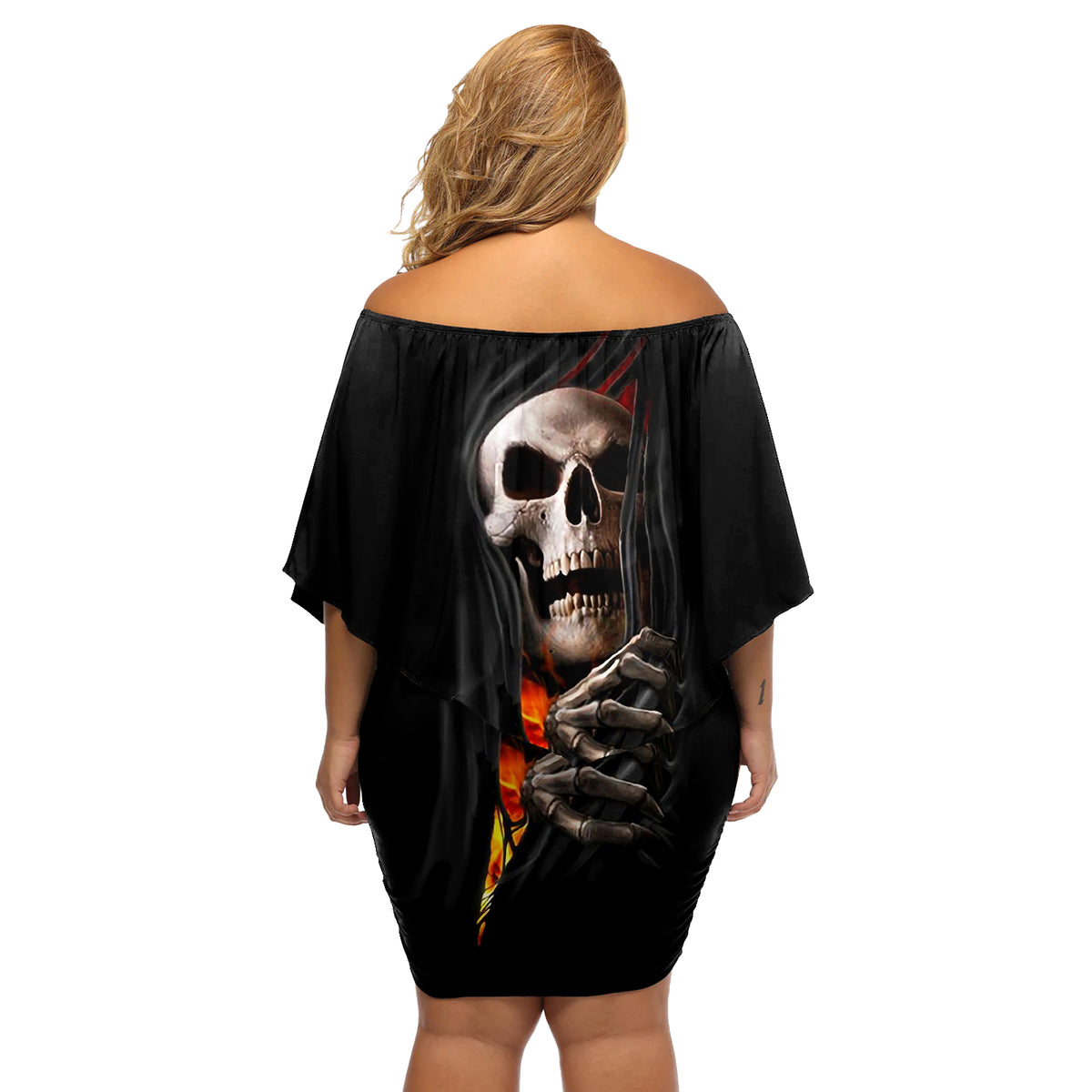 Skull Off Shoulder Short Dress Skeleton Ripped Inside Flame - Wonder Print Shop