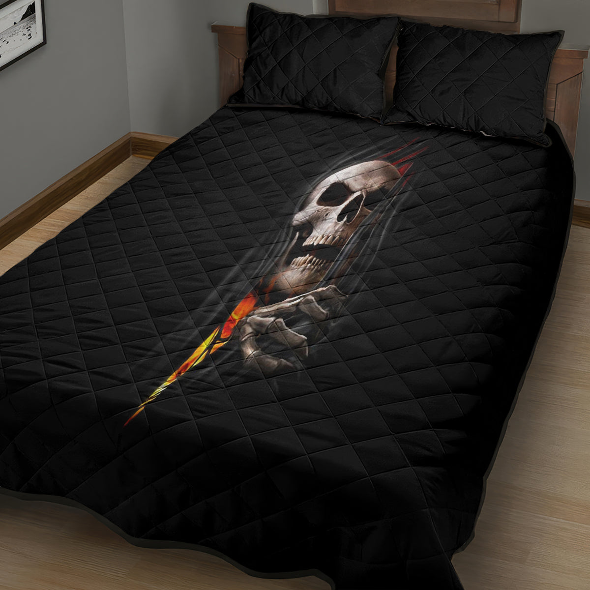 Skull Quilt Bed Set Skeleton Ripped Inside Flame - Wonder Print Shop