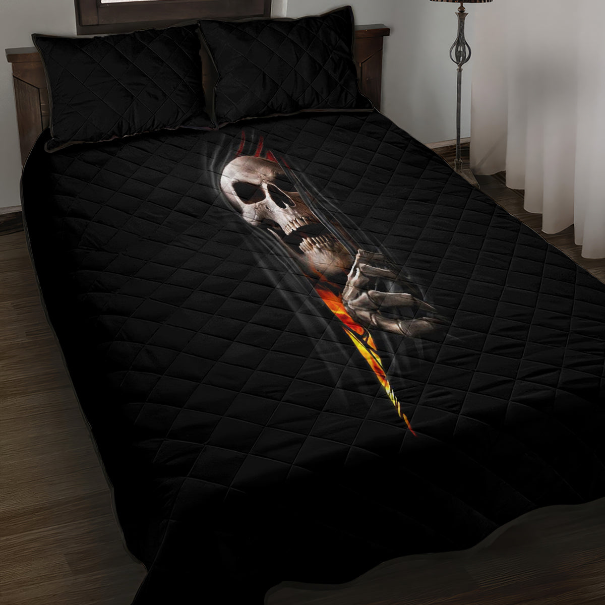 Skull Quilt Bed Set Skeleton Ripped Inside Flame - Wonder Print Shop