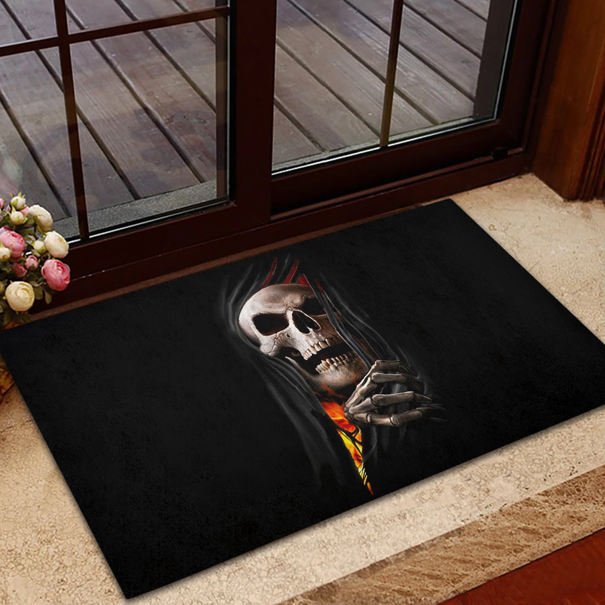 Skull Rubber Doormat Skeleton Ripped Inside Flame - Wonder Print Shop