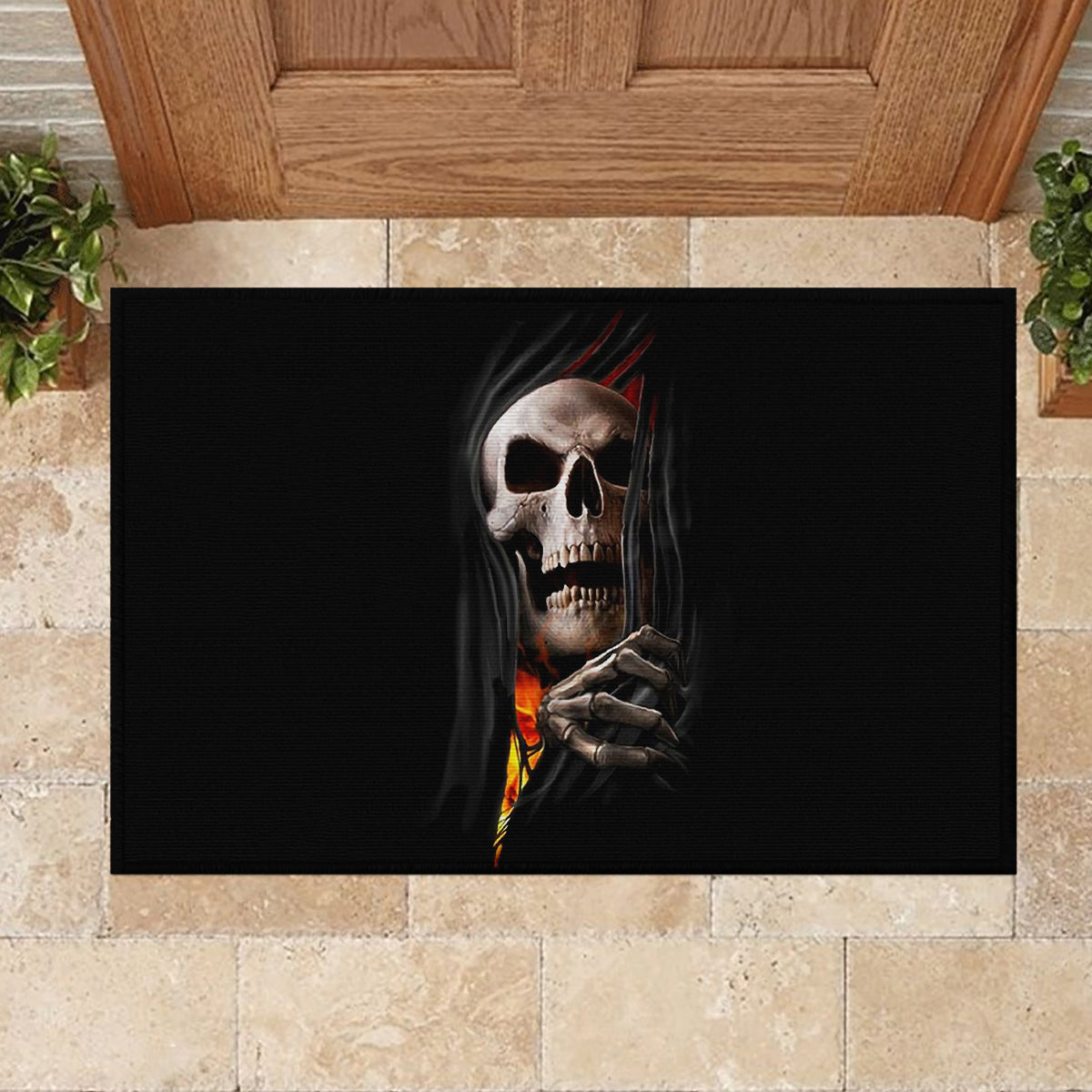 Skull Rubber Doormat Skeleton Ripped Inside Flame - Wonder Print Shop