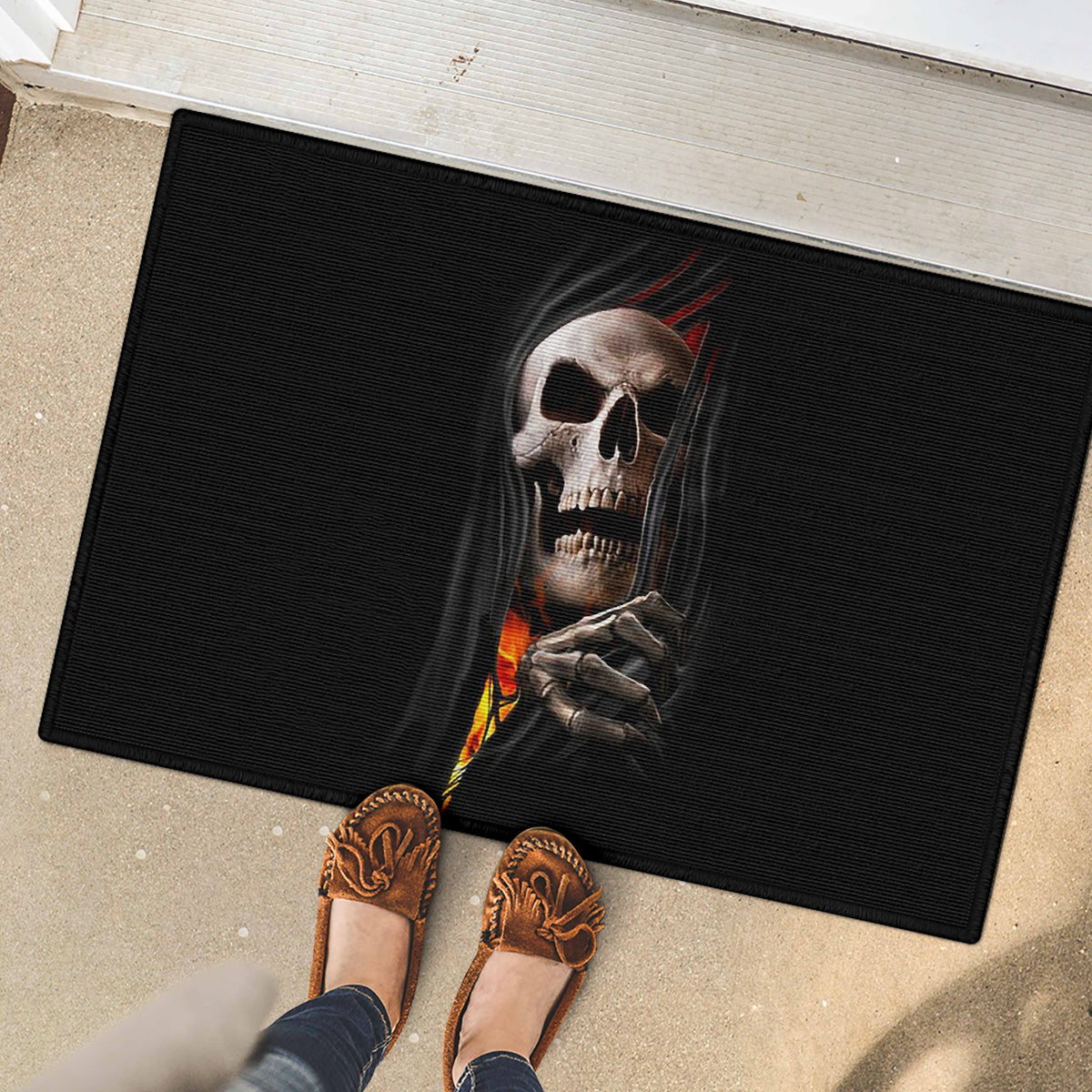 Skull Rubber Doormat Skeleton Ripped Inside Flame - Wonder Print Shop