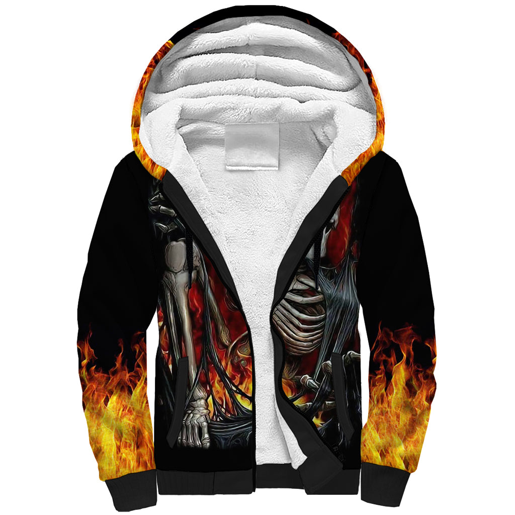 Skull Sherpa Hoodie Skeleton Ripped Inside Flame - Wonder Print Shop