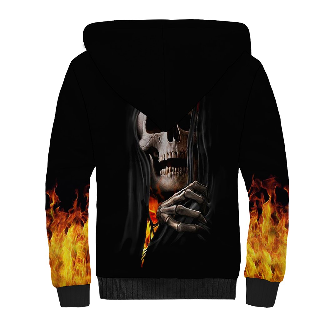 Skull Sherpa Hoodie Skeleton Ripped Inside Flame - Wonder Print Shop