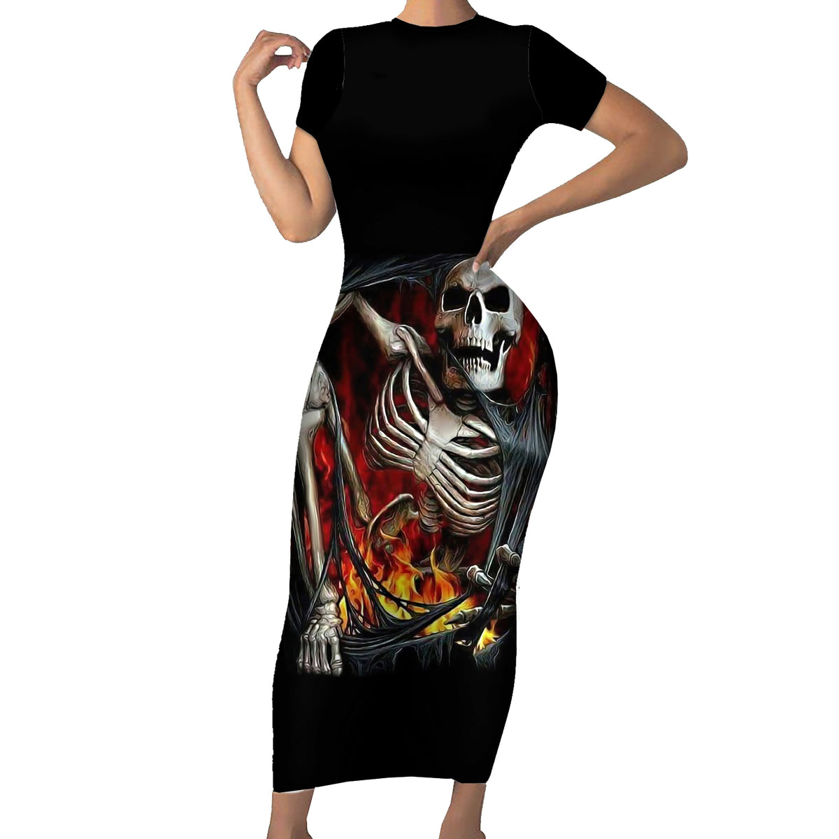 Skull Short Sleeve Bodycon Dress Skeleton Ripped Inside Flame - Wonder Print Shop