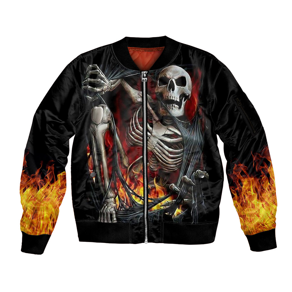 Skull Sleeve Zip Bomber Jacket Skeleton Ripped Inside Flame - Wonder Print Shop