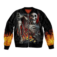 Skull Sleeve Zip Bomber Jacket Skeleton Ripped Inside Flame - Wonder Print Shop
