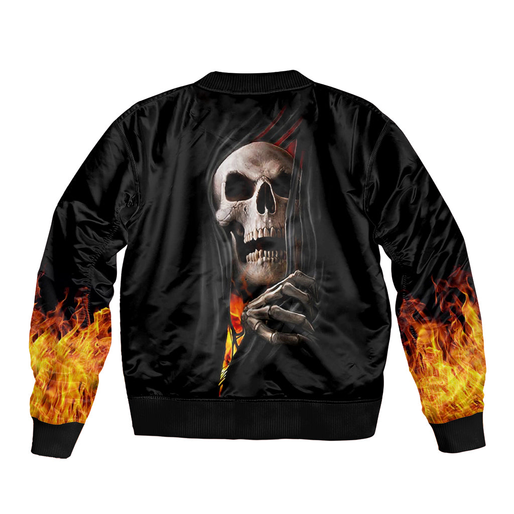 Skull Sleeve Zip Bomber Jacket Skeleton Ripped Inside Flame - Wonder Print Shop