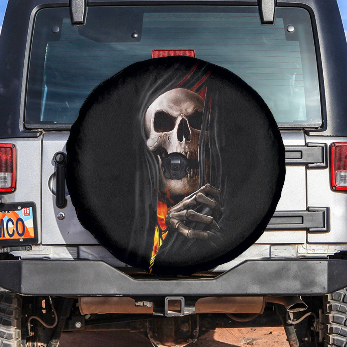 Skull Spare Tire Cover Skeleton Ripped Inside Flame - Wonder Print Shop