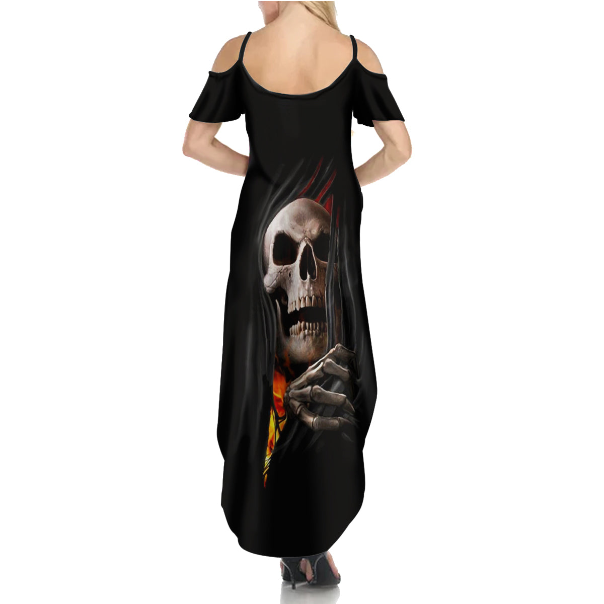 Skull Summer Maxi Dress Skeleton Ripped Inside Flame - Wonder Print Shop