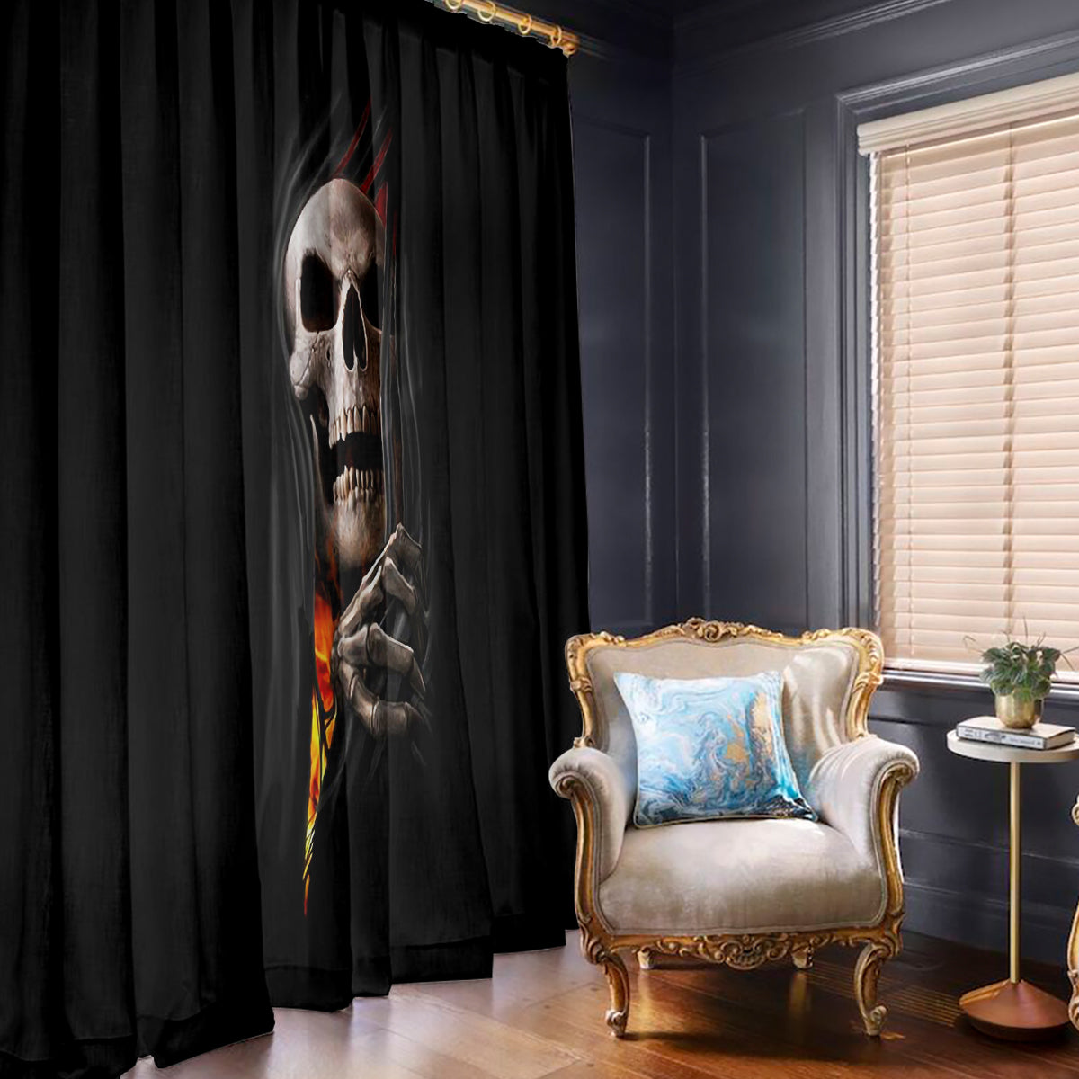 Skull Window Curtain Skeleton Ripped Inside Flame - Wonder Print Shop