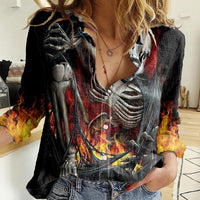 Skull Women Casual Shirt Skeleton Ripped Inside Flame - Wonder Print Shop