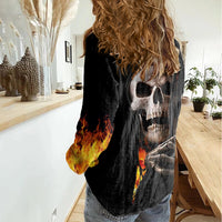Skull Women Casual Shirt Skeleton Ripped Inside Flame - Wonder Print Shop