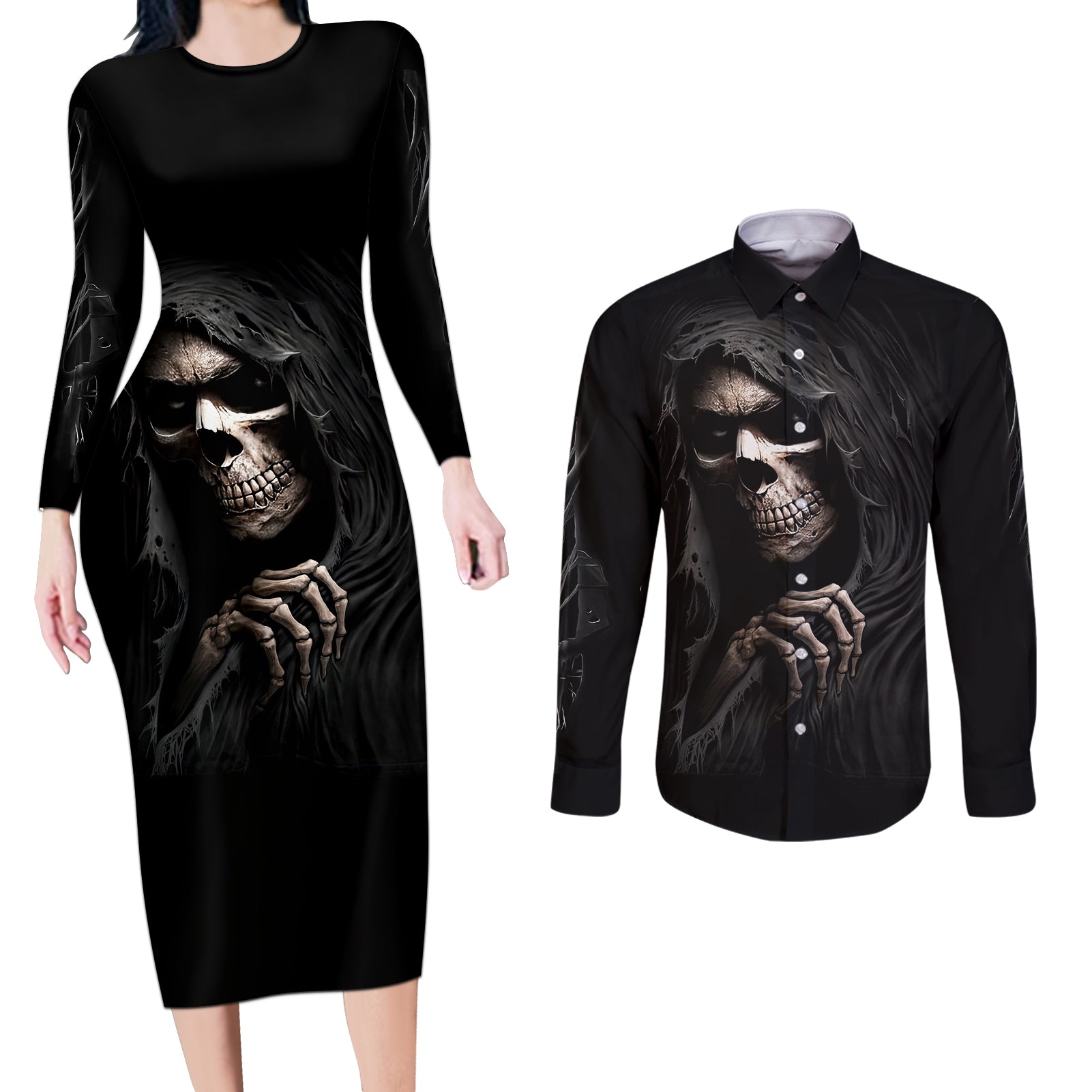 Skull Couples Matching Long Sleeve Bodycon Dress and Long Sleeve Button Shirts Evil Skeleton Look Inside - Wonder Print Shop