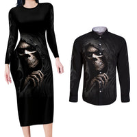 Skull Couples Matching Long Sleeve Bodycon Dress and Long Sleeve Button Shirts Evil Skeleton Look Inside - Wonder Print Shop