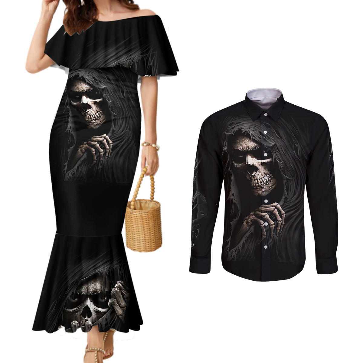Skull Couples Matching Mermaid Dress and Long Sleeve Button Shirts Evil Skeleton Look Inside DT01