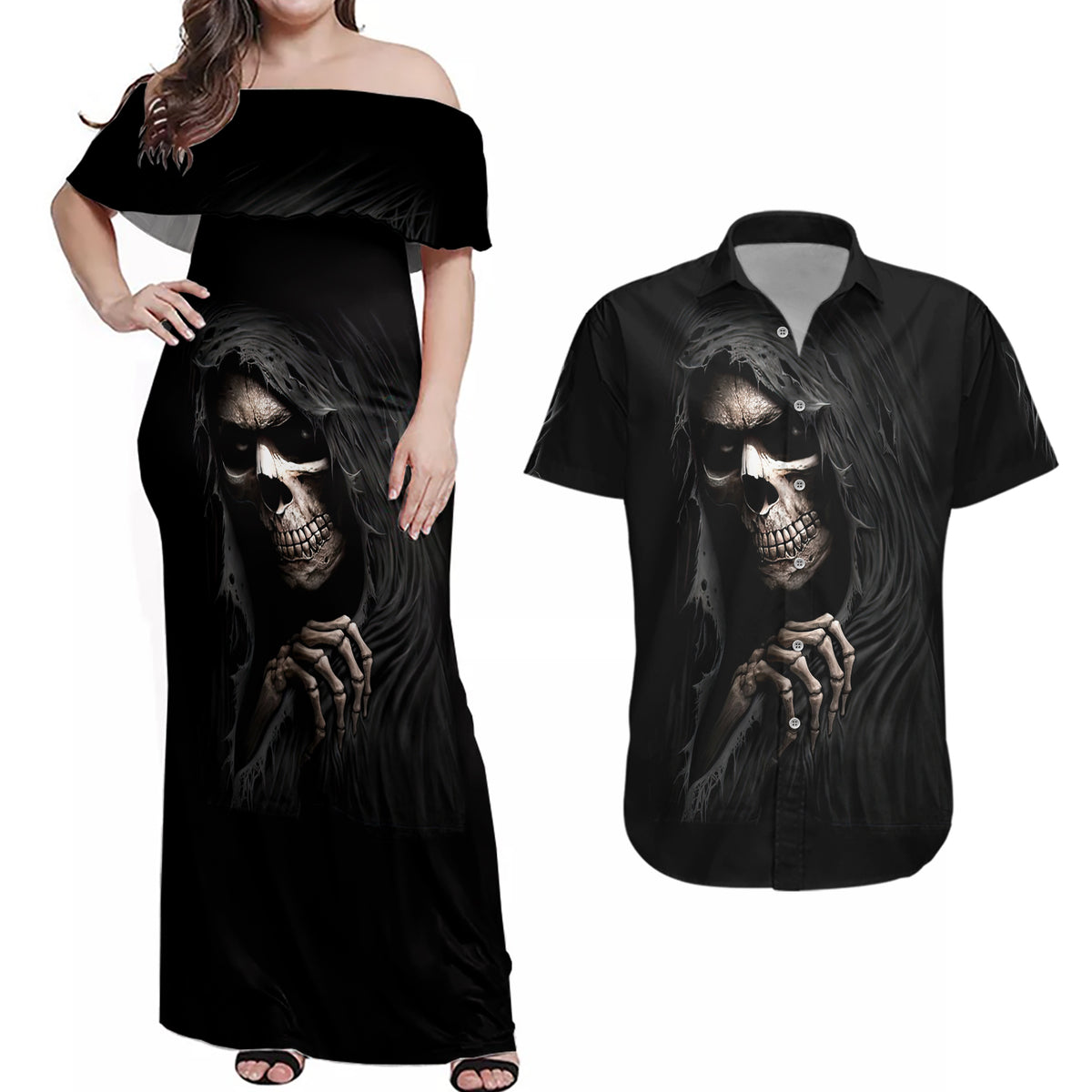 Skull Couples Matching Off Shoulder Maxi Dress and Hawaiian Shirt Evil Skeleton Look Inside - Wonder Print Shop