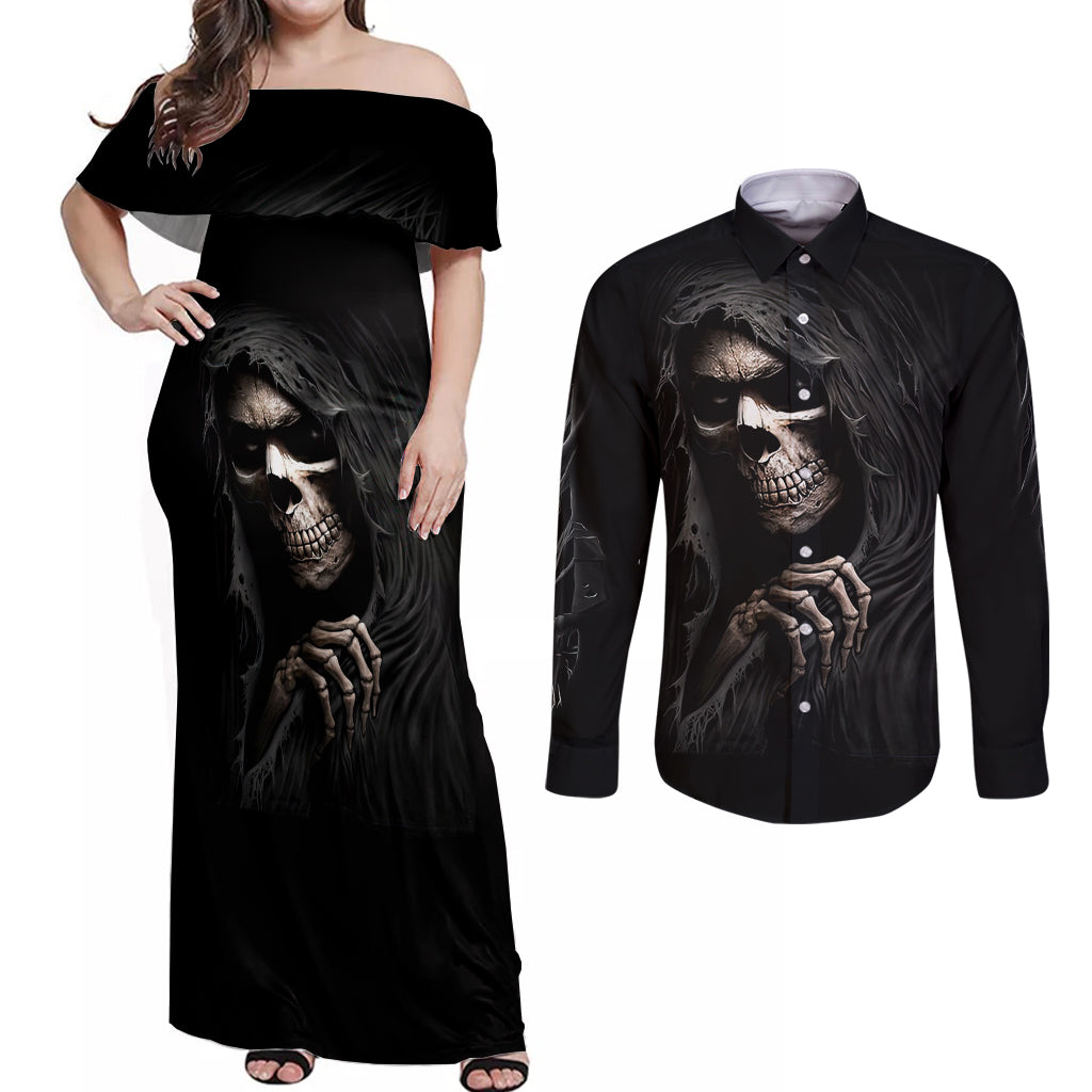 Skull Couples Matching Off Shoulder Maxi Dress and Long Sleeve Button Shirts Evil Skeleton Look Inside - Wonder Print Shop