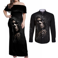 Skull Couples Matching Off Shoulder Maxi Dress and Long Sleeve Button Shirts Evil Skeleton Look Inside - Wonder Print Shop